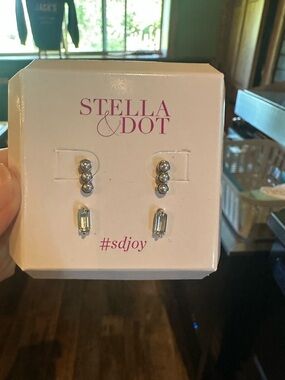 Stella & Dot Silver Tone Stud and Baguette Earrings Set